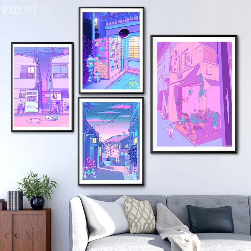 Neon Night City Street Poster Vaporwave Moon Illustration Decoration Painting Wall Art Home Kids Kawaii Room Decor Canvas | Дом и сад