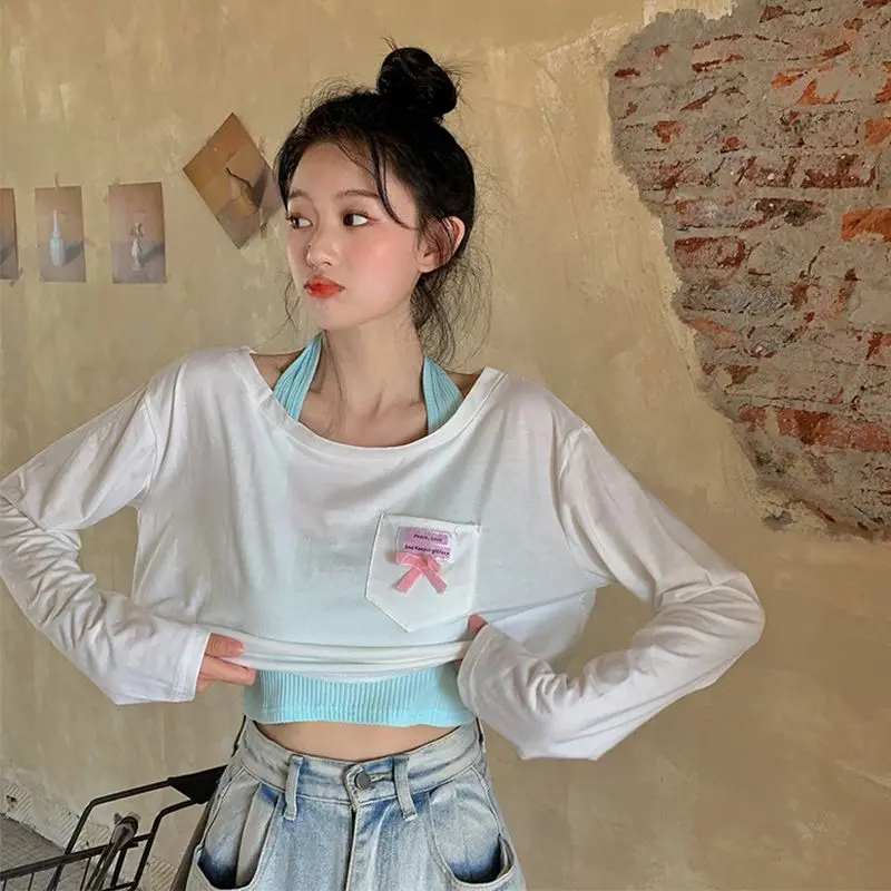 

Summer New Crop Top Two-Piece Set Sexy Suspender Vest + Loose Casual Sunscreen Long Sleeve T-Shirt For Women's Wear Fashion Suit
