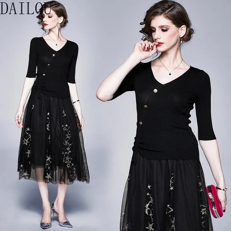 DAILOU женское роскошное платье с вышивкой Сетчатое комплект высокое качество