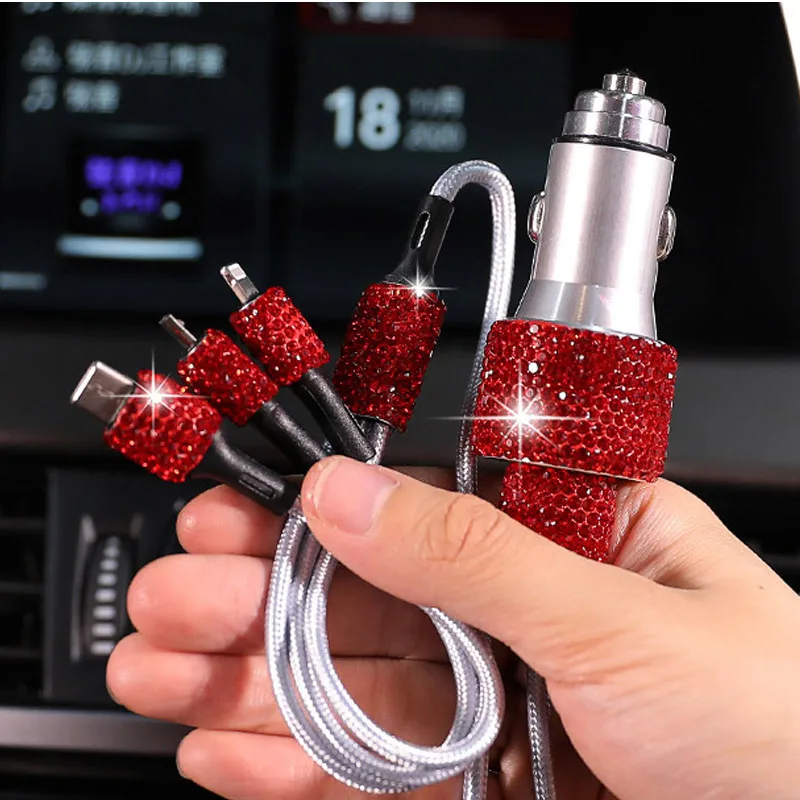 Crystal Diamond Phone 3 In 1 Data Wire Car Cigarette Lighter New Dual USB Charger For IPhone Android Type C GPS Fast | Автомобили и