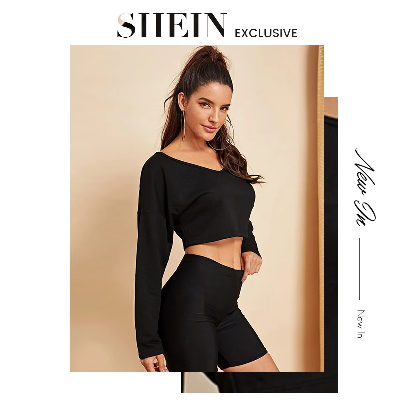 SHEIN черный укороченный свитер с открытыми плечами пуловер для женщин лето осень длинный рукав сплошной v-образный вырез эластичные толстовки для отдыха