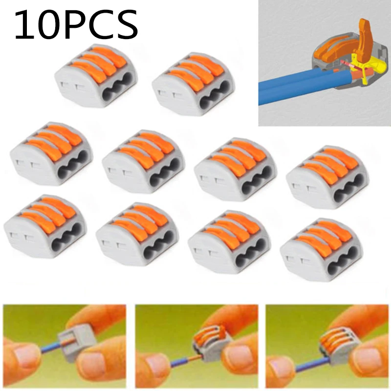 

3 Way- Reusable Spring Lever Terminal Block Electric Cable Connector Wire 10 Pcs