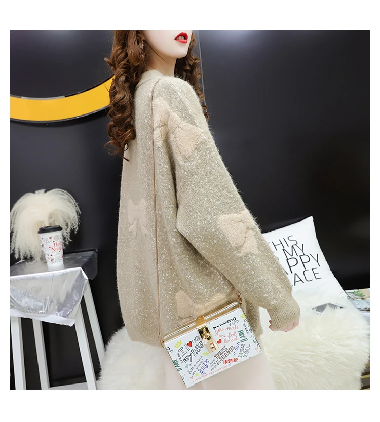 women's sweater new autumn and winter solid color long-sleeved bow embroidery thick warm | Женская одежда