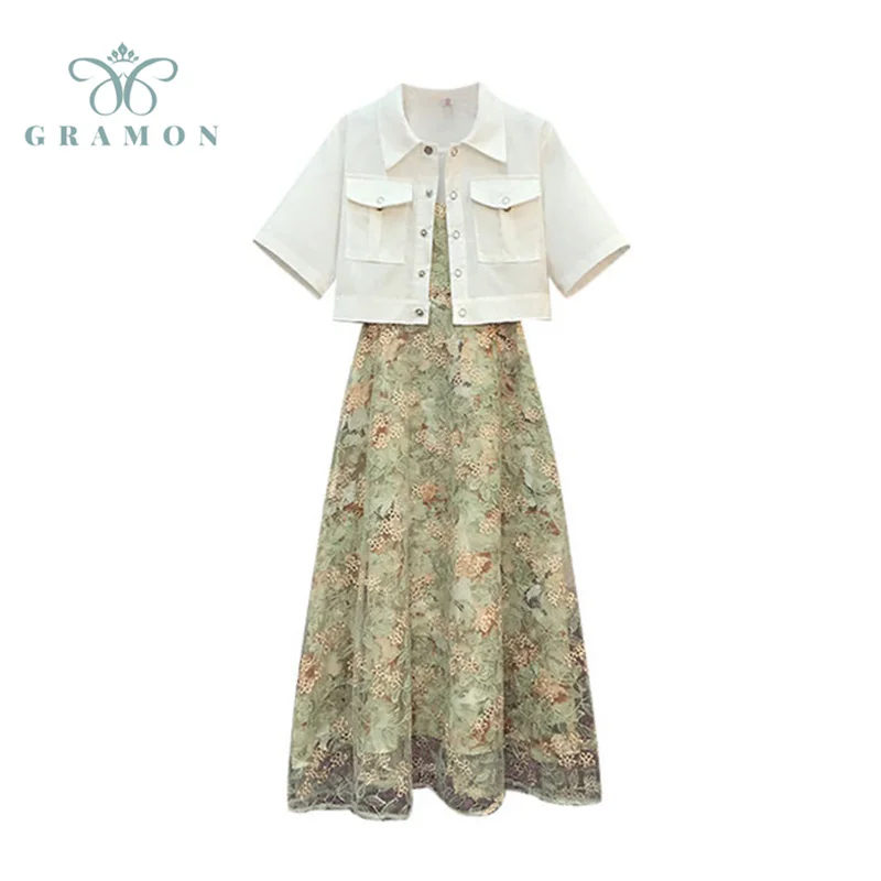

Women Plus Size Solid Color Short Shirts + Floral Suspender Long Dress Set 2021 Summer New Korean Chic Female Dress 2 Piece Set