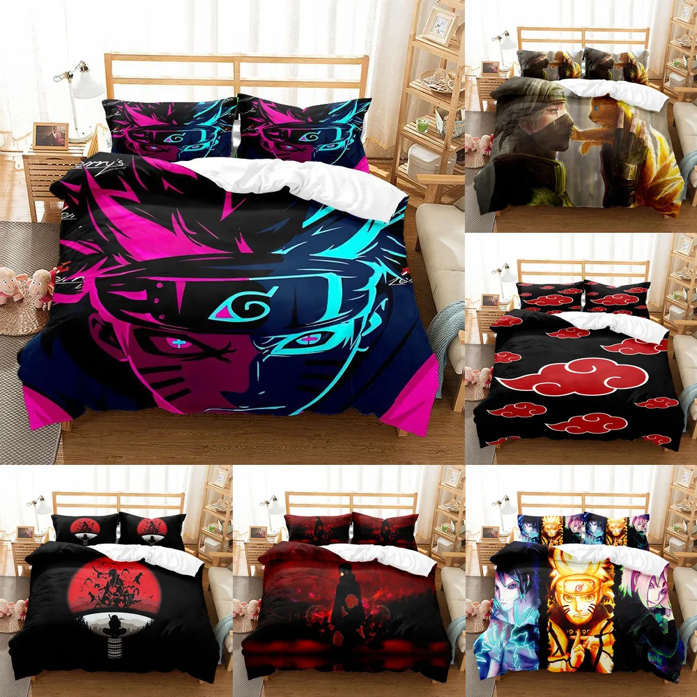 Juego de cama Ninja Uzumaki Uchiha Narutoes, funda de edred&oacute;n, funda de almohada, doble, Queen, King Size, dormitorio para ni&ntilde;os, textiles para el hogar-0