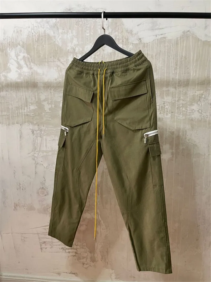 

ArmyGreen Rhude Pants Men Women 1:1 High Quality Vintage RHUDE Cargo Pants Wash Multiple Pockets Zipper Drawstring Trousers