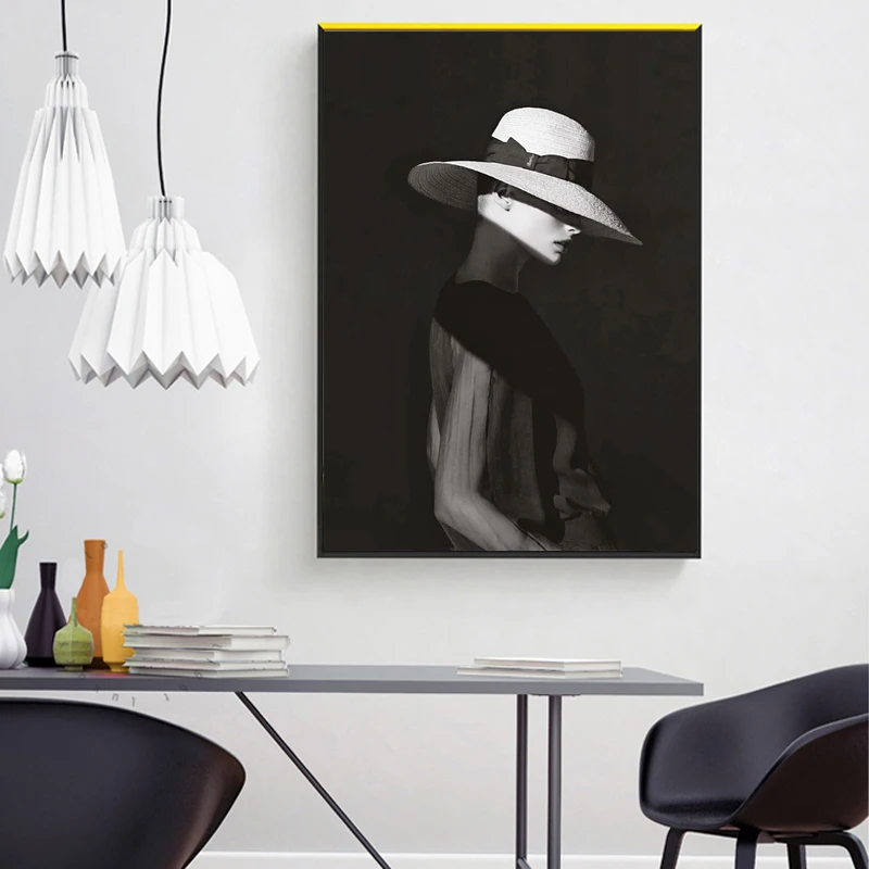 

HD Print Black and White Abstract Wall Art Sexy Girl with Hat Canvas Painting on The Wall Art Canvas Art Picture for Living Room