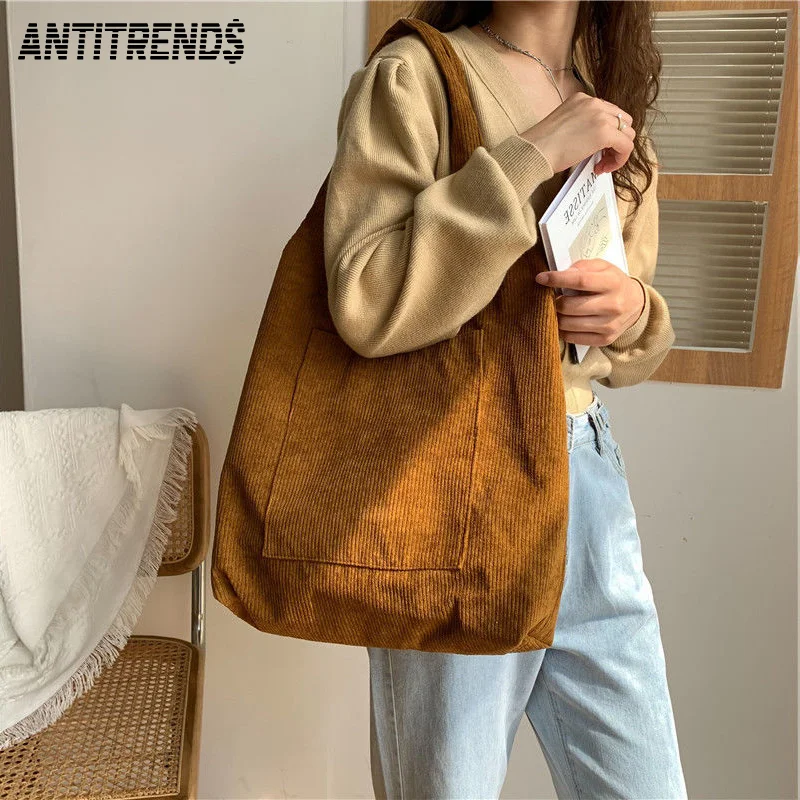 

ANTITRENDS Cotton Large Capacity Korean Lazy Style Open Mouth Shoulder Bag Solid Color Simple Casual Student Underarm Handbag