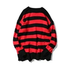 Свободный дизайнерский вязаный пуловер в черно-красную полоску с дырками, мужскойженский Повседневный модный Джокер, одежда для дна, длинный свитер в стиле хип-хоп