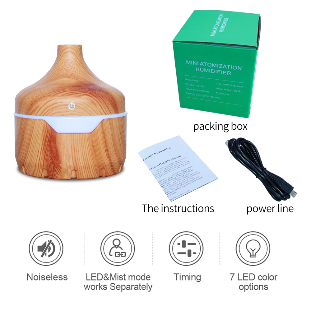 

Ultrasonic Air Humidifier USB Wood Grain 7 Color LED Light Essential Oil Diffuser 300ml for Home and Car