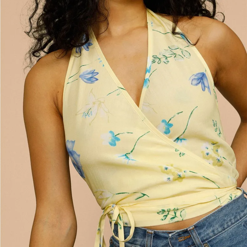 

Женский топ на бретельках, желтый топ с запахом, без рукавов, на шнуровке, с цветочным принтом, с V-образным вырезом и открытой спиной, на лето