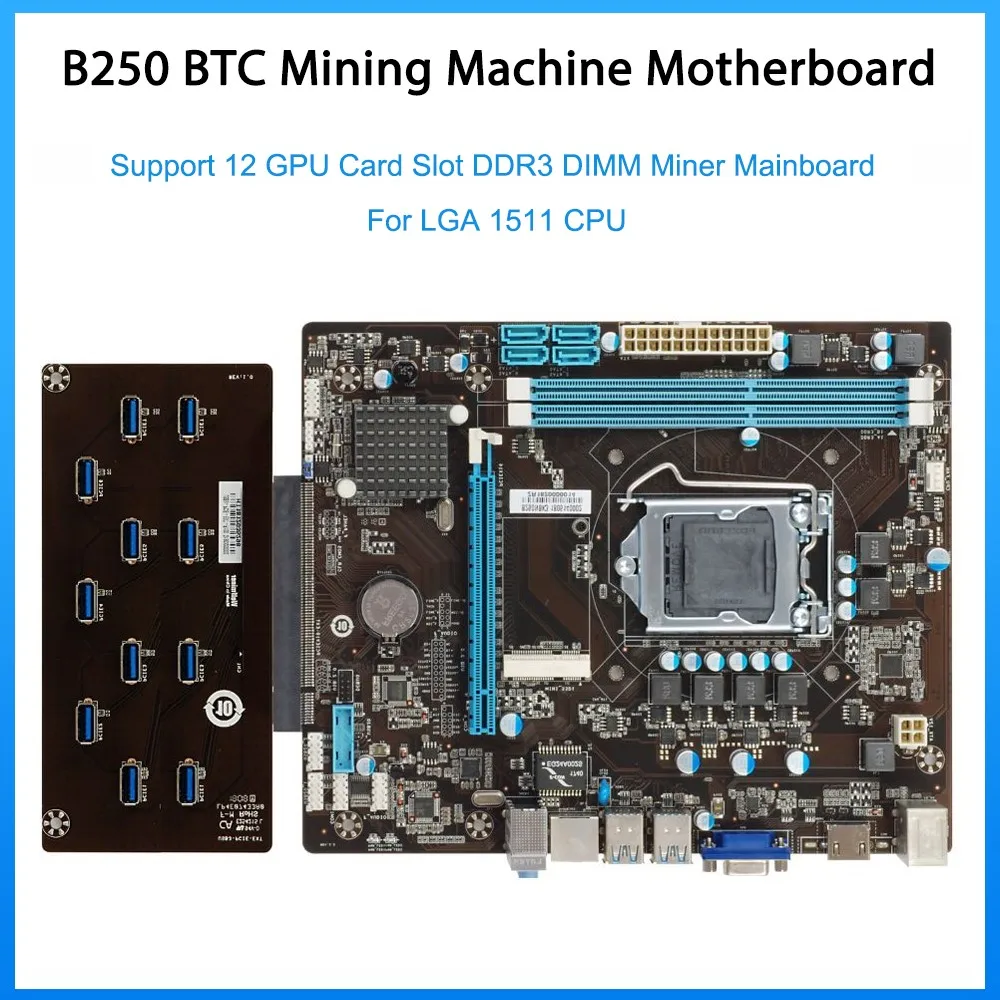 

Материнская плата B250 для майнера, DDR3, LGA 1151, поддержка 12 GPU, с PCIE расширительной картой, десктопный компьютер, материнская плата для майнера