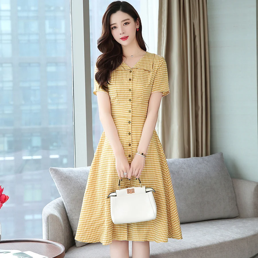 2021 Новый размера плюс шик желтые миди платья летнее платье в Корейском стиле