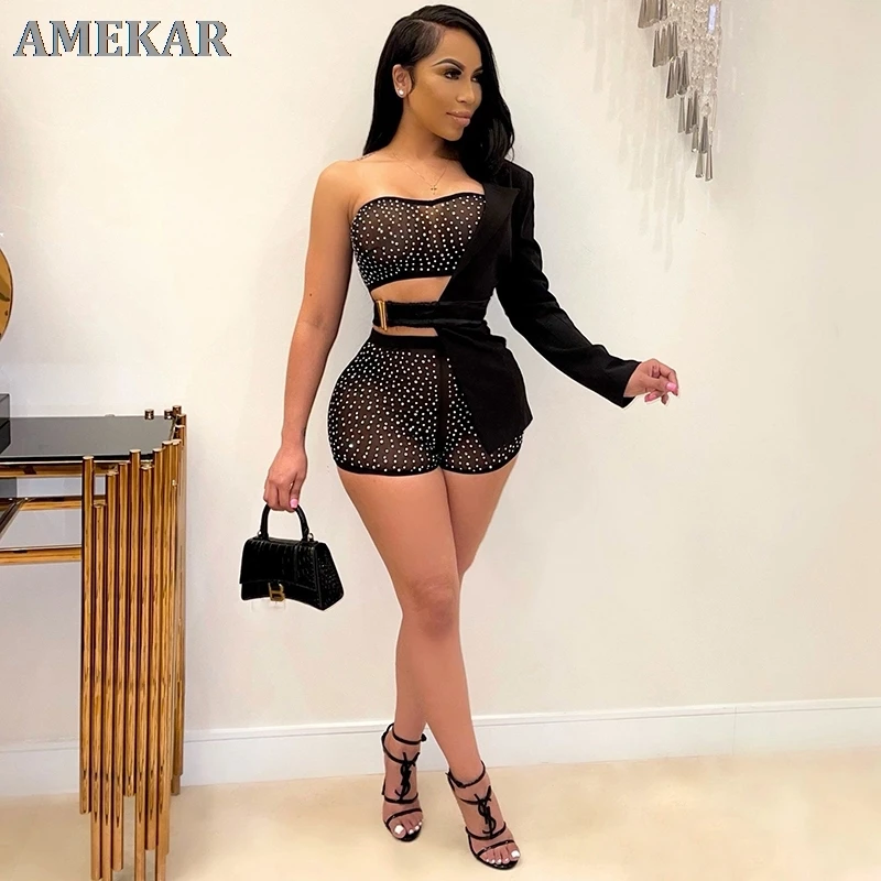 

Beautiful Crystal Shorts Set And Cut Out Jacket Womens Elegant Formal Suits Work Wear Special Occasion Outfits Clubwear