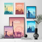 Мультяшный постер для путешествий, Москва, Дубай, Берлин, картина, известный городской пейзаж, холст, картина для современной фотографий
