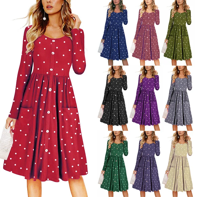 

2020 spring women dress o-neck dot print a-line button shirt dress pleated pocket casual OL dress plus size party dress vestidos