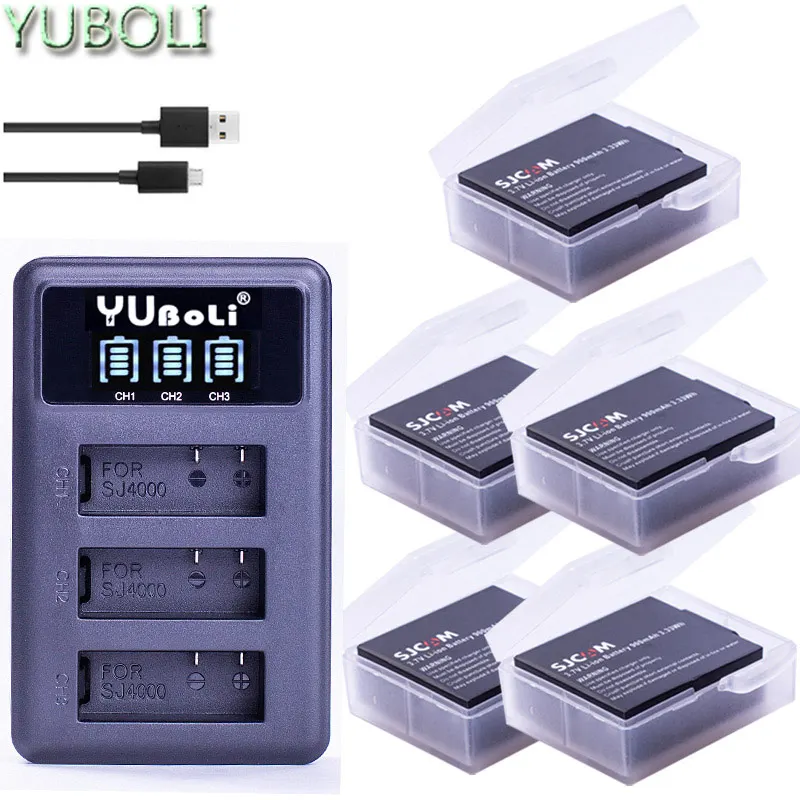3,7 v 900mAh батарея SJ4000 Батарея SJ5000 SJ6000, Wi-Fi+ ЖК-дисплей 3 лота usb зарядное устройство для спортивной экшн-камеры SJCAM sj 4000 5000 6000 7000 8000 sj9000 M10 - Цвет: charger and 5battery