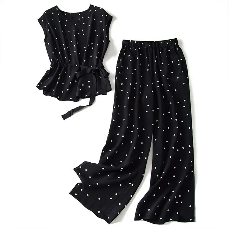 Fashion black polka dot chiffon two-piece set outifits top and pants women 2022 new summer Korean wide-leg pants light fashion