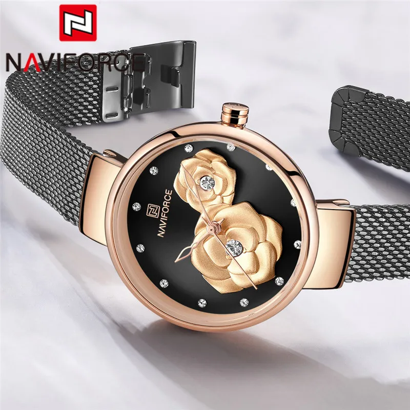 NAVIFORCE Women Watch Top Brand Luxury Black Rose Gold Ladies Wristwatch Mesh Stainless Steel Bracelet Flower Female Clock 5013 | Наручные