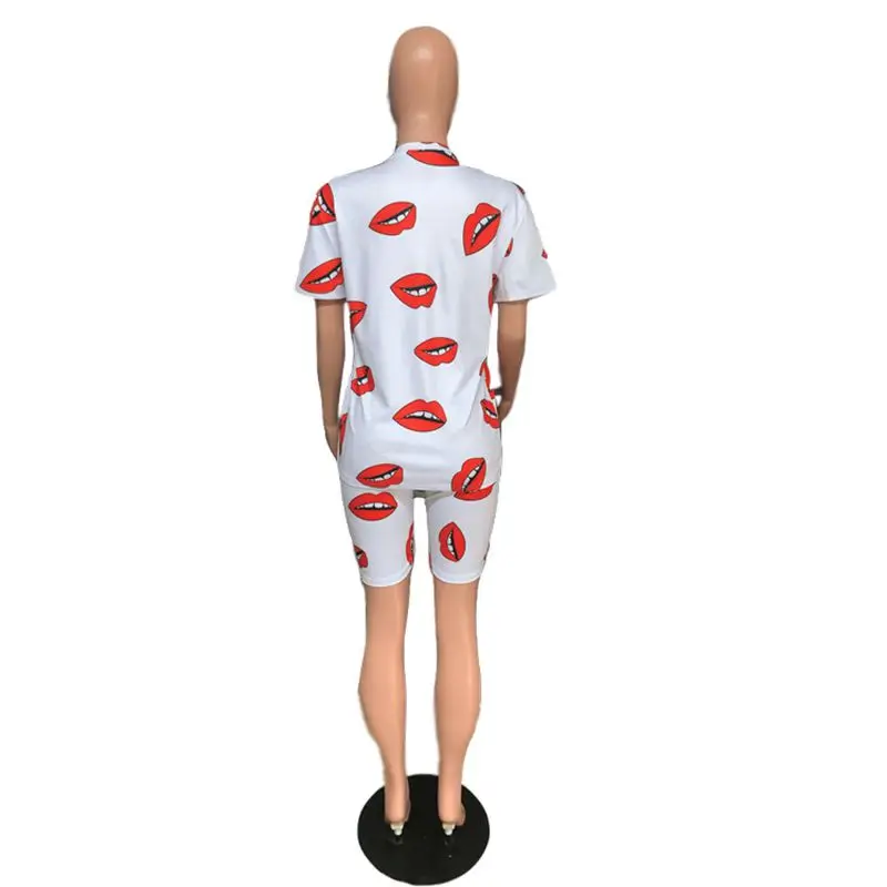 

ZKYZWX Lips Print 2 Piece Set Women Summer Clothes Short Sleeve Top and Biker Shorts Lounge Wear Outfits Two Piece Matching Sets
