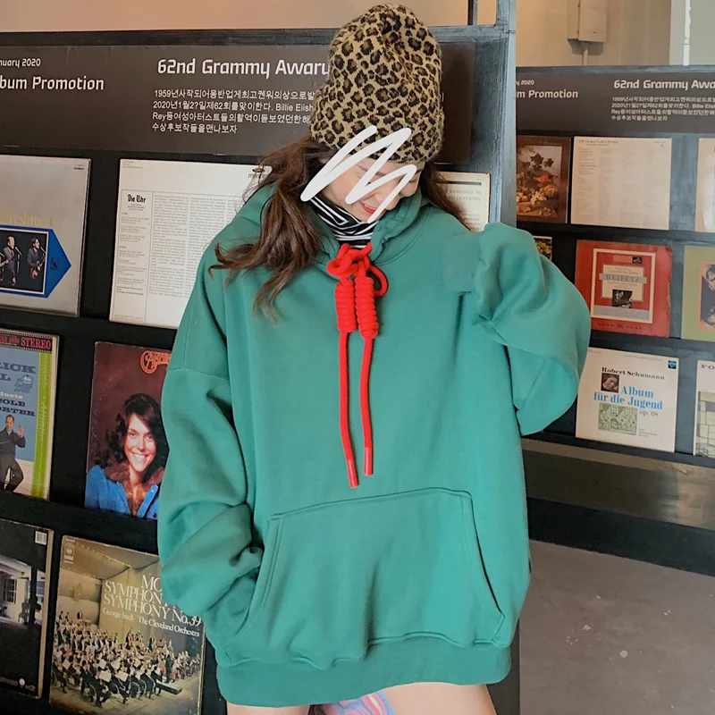 

Oversized Sweatshirt With Hoodie Retro Fashion Japanese Harajuku Top Solid Color Long Sleeve Big Pocket Winter Women'S Clothing