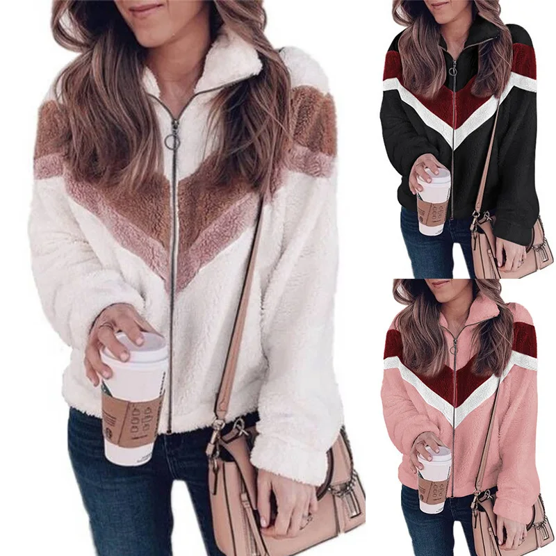 

New Arrival Winter Clothing Casual Contrast Color Plush Jacket Zipper Cardigan Coats For Ladies Women
