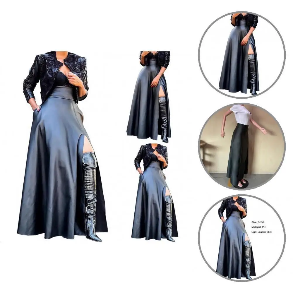 

Black Elegant Side Slit Faux Leather Maxi Skirts All-matching Skirt Side Slit for Dating