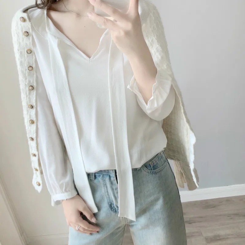 

Shirt 100% Silk Women Shirts Lace-up Ruffled Neck Spring Summer Bow Tie Women Shirt