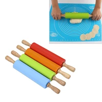 silicone rolling pin pastry dough flour roller non stick wooden handle kitchen baking cooking tools christmas rolling pin