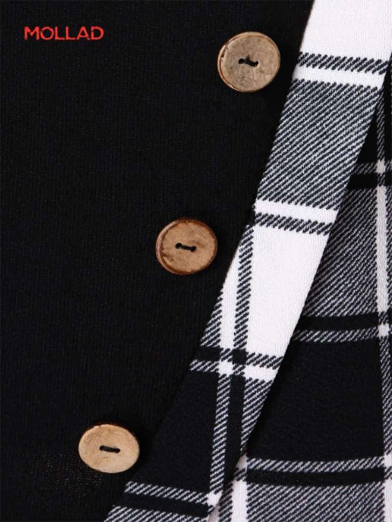 

New Plaid Button decoration hem irregular Plaid stitching high collar sweatershirt