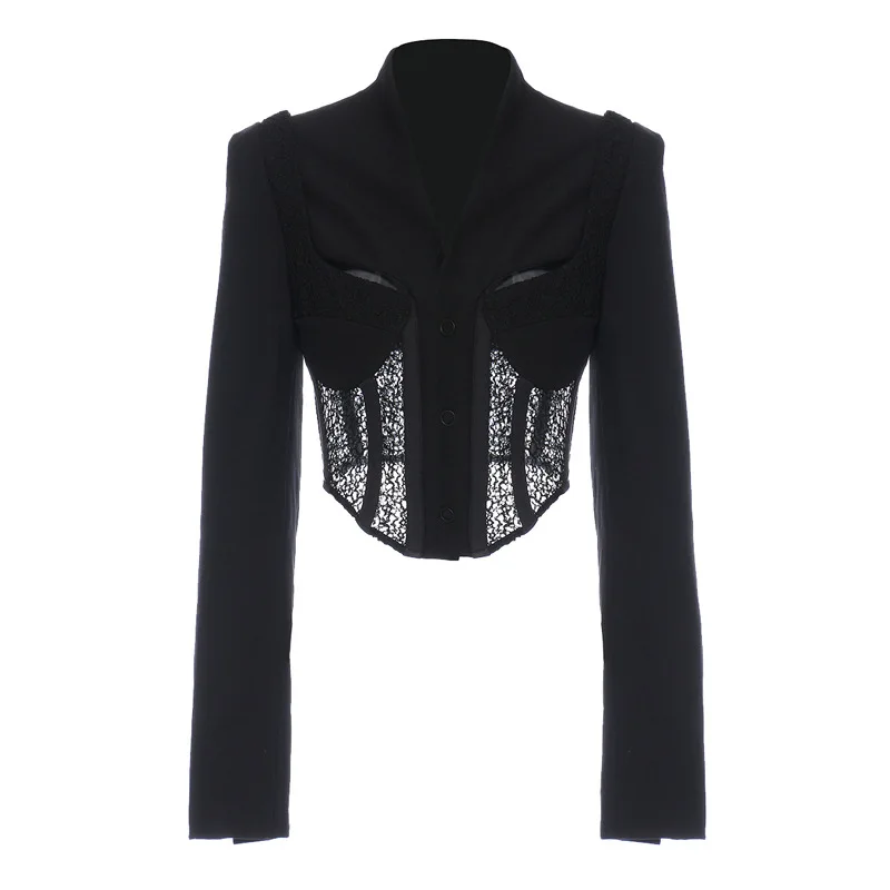 

Sexy Black Hollow Out Lace Patchwork Slim Blazer Women 2020 Autumn Runway Long Sleeve woman jacket