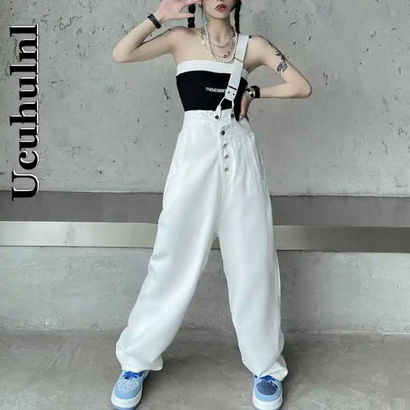 

Ucuhulnl Korean Harajuku Tooling Style Casual Cargo Overalls High Waist Loose One Shoulder Cowboy Trousers White Straight Harem