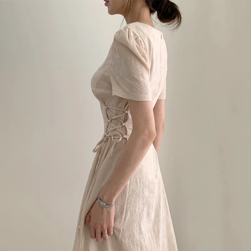 

2021 Summer Women Solid Dress French Pattern V-neck Slim Waist Side Straps And Long Short-sleeved Dress Elegent Party Dress