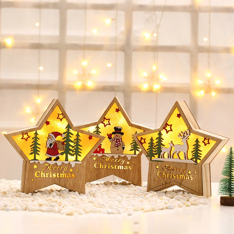 

2021Hot selling Christmas wooden luminous five-pointed star pendulum lights hotel window party holiday scene decoration supplies