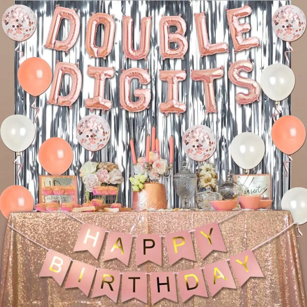 Conjunto de bandas y globos para decoraci&oacute;n de fiestas de cumplea&ntilde;os, pancarta para tarta de feliz 10 cumplea&ntilde;os, de doble d&iacute;gitos, oro rosa, para ni&ntilde;a-2