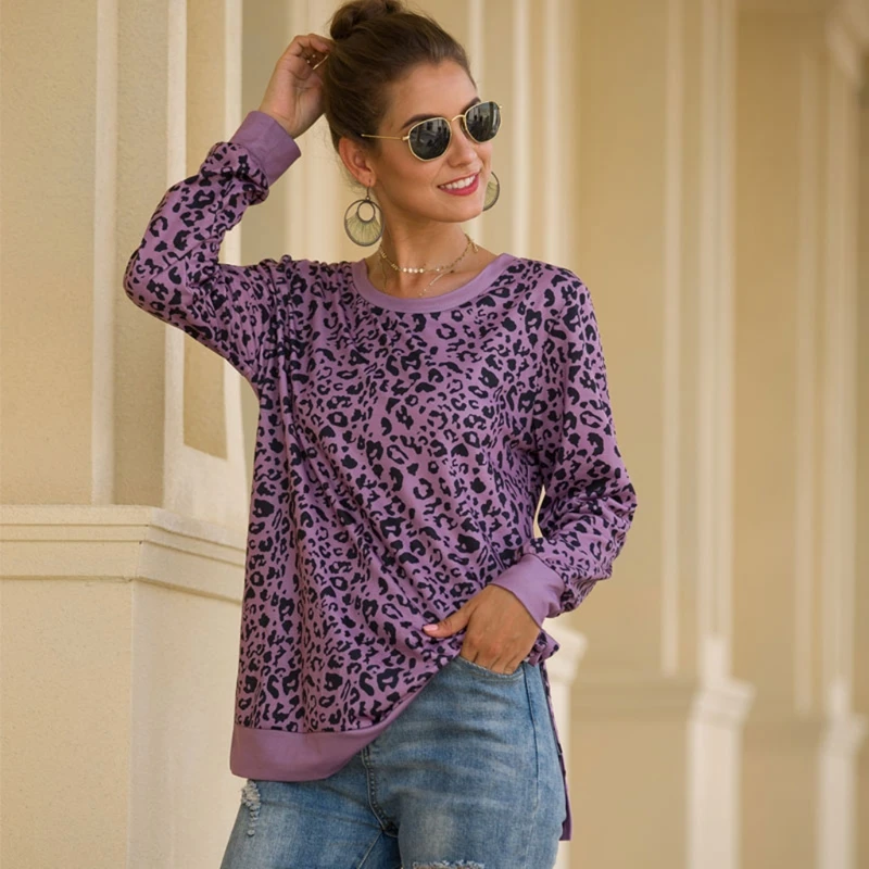 

Women Long Sleeves Blouse Round Neck Camouflage Leopord Printed Loose Pullover Tops Winter Autumn Shirt Tunic