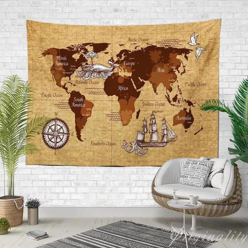 

Old World Map Tapestry Vintage Ancient Wall Art Boho Style Oceans Home Decor