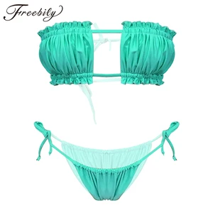 Женский сексуальный купальник, сплошной цвет, галстук-бабочка, комплект бикини с оборками, бандо, бикини, топ с дерзкими ремешками, плавки, купальник, купальный костюм