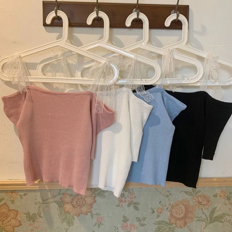 

Fashion Knitted Short Sleeve T-Shirt Casual Summer Female Tops Women Lace Up Slim T-shirts