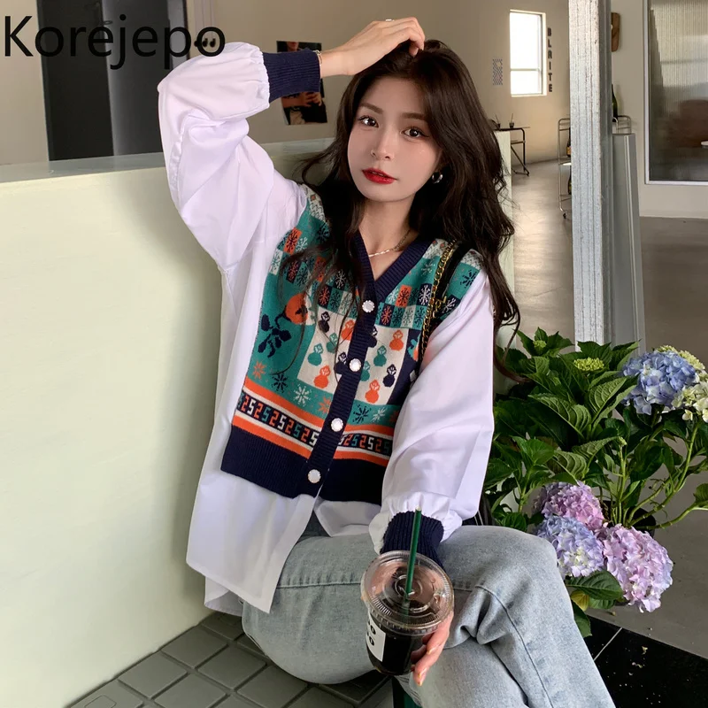 

Korejepo Women Shirt 2021 Early Autumn New French Fake Two-piece Tops Ladies Printed Knitted Stitching Long-sleeved Female Shirt