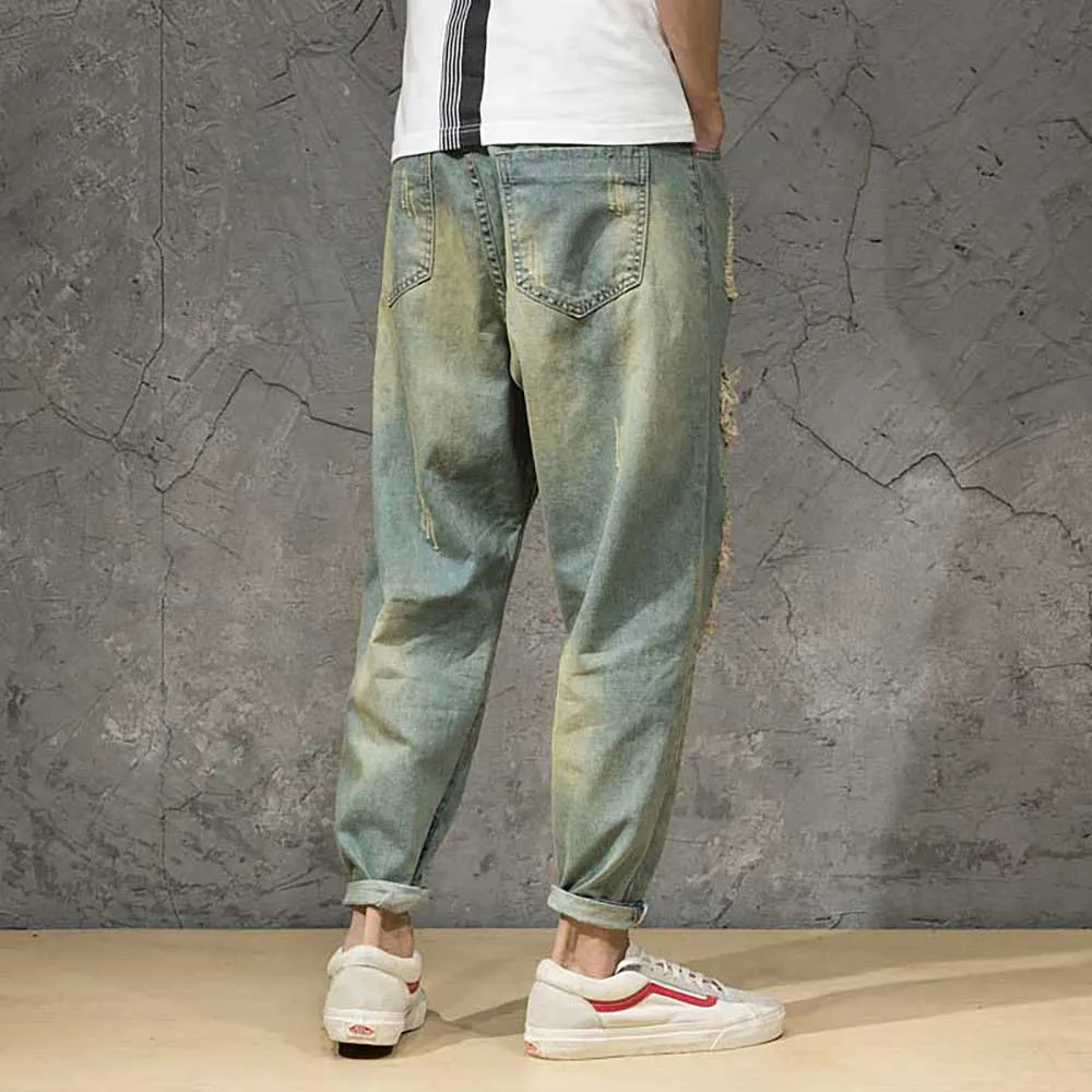 Модные уличные разорванный гарем джинсы мужские повседневные полые дырки