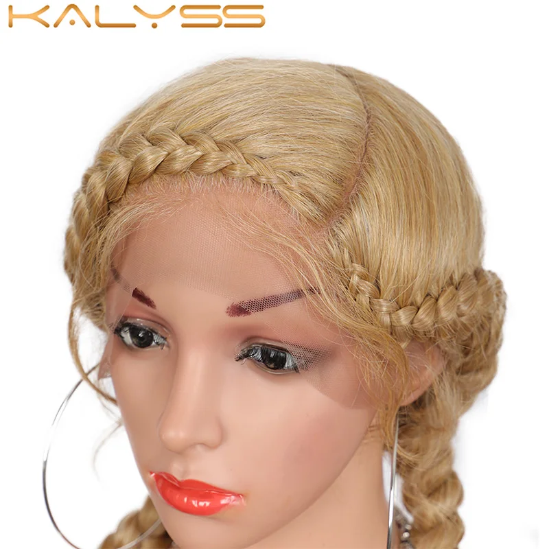 

Kalyss 24 Inches French Braided Wigs Soft Lace Front Synthetic Wig Natural Dutch Twins Blonde Braids Hair with Baby Hair