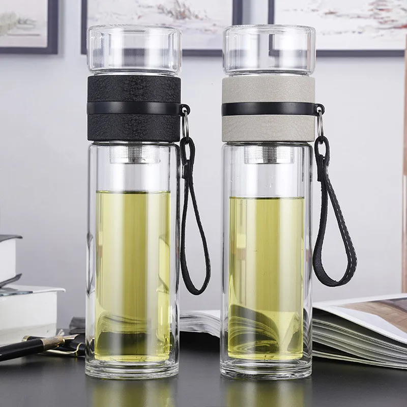 

Creative Transparent Glass Travel Water Bottles with Infuser Double Wall Heat Resistant Portable Outdoor Tea Cup Drinkware