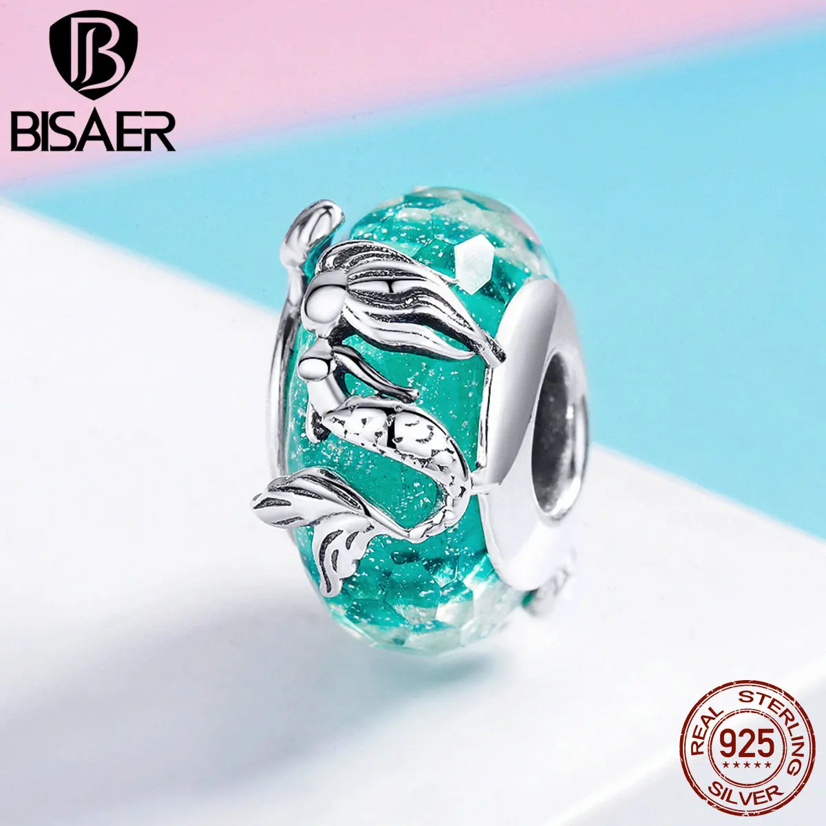 BISAER, серебро 925 пробы, мята, зеленое стекло, Русалка, королева, Шарм для женщин, сделай сам, модное ювелирное изделие, подходит для Pan, браслет, ожерелья, HSC1154