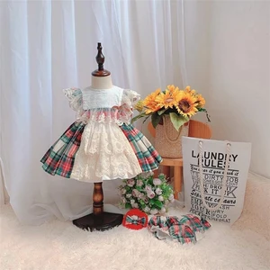 3pcs Baby Girl Spanish Dresses Children Kids Lolita Clothes Summer Vintage Toddler Girl Birthday Party Princess Plaid Dress Robe