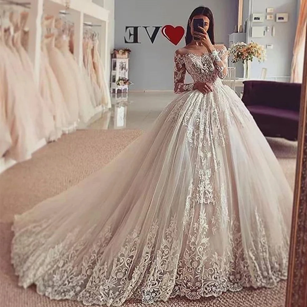 

Gorgeous Princess Ball Gown Wedding Dress Plus Size Long Sleeves Illusion Scoop Neck Robe De Mariee Sweep Train Bride Dresses