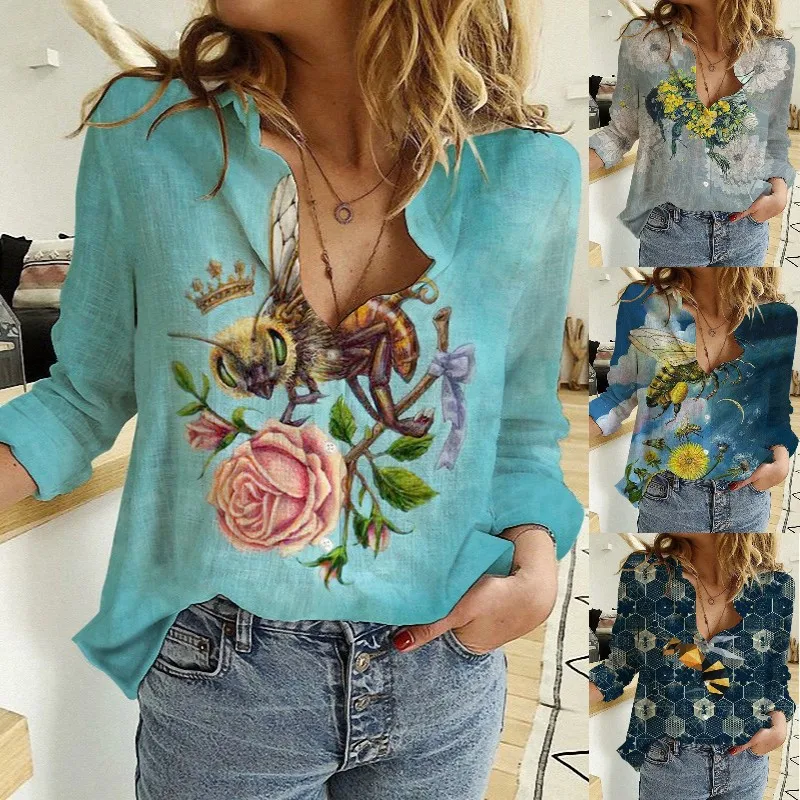 

Женская рубашка с забавным мультяшным принтом пчелы и цветов, однобортный Топ оверсайз с длинным рукавом, Женский Повседневный винтажный к...