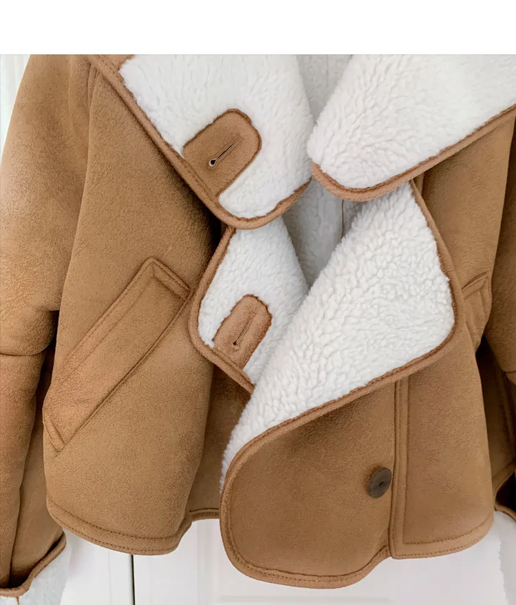 

Lamb Fur Hit Color Women's Jackets Hooded Long Sleeve Casual Loose Streetwear Style Coat