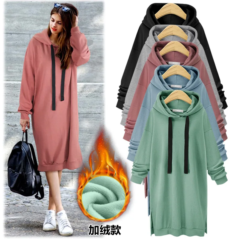 

Женские толстовки с капюшоном размера плюс, осенне-зимний теплый пуловер с длинным рукавом, Женские повседневные теплые платья с капюшоном