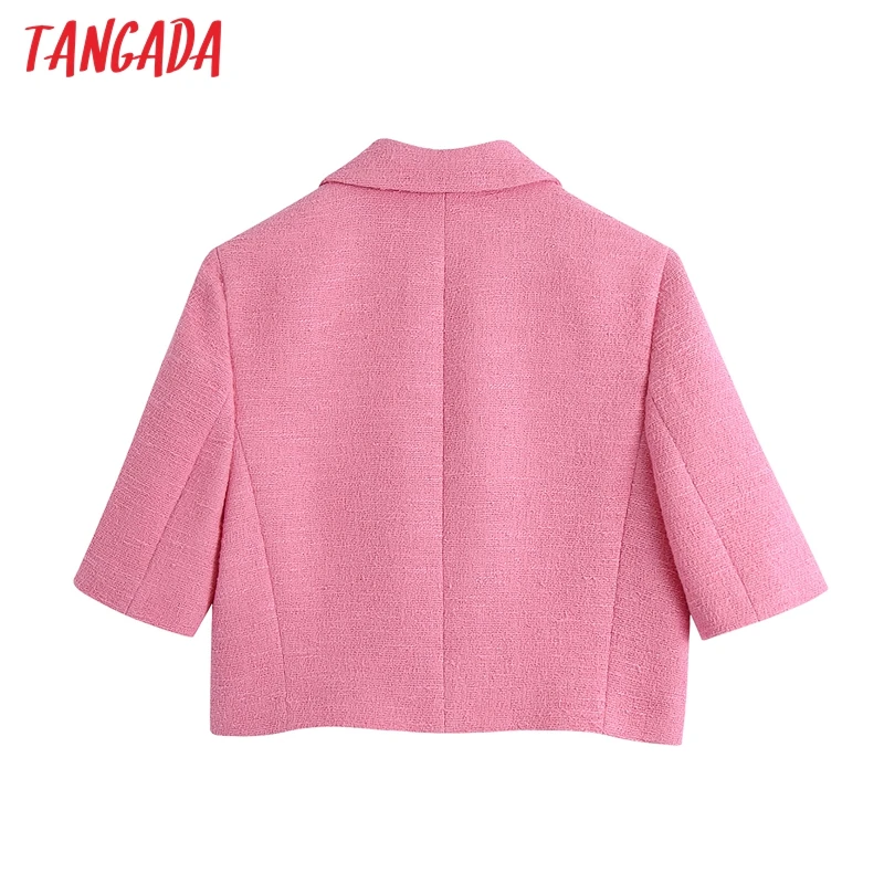 

Tangada Women Pink Tweed Blazers Coat Vintage Notched Collar Short Sleeve 2021 Fashion Female Outerwear Chic Tops BE519
